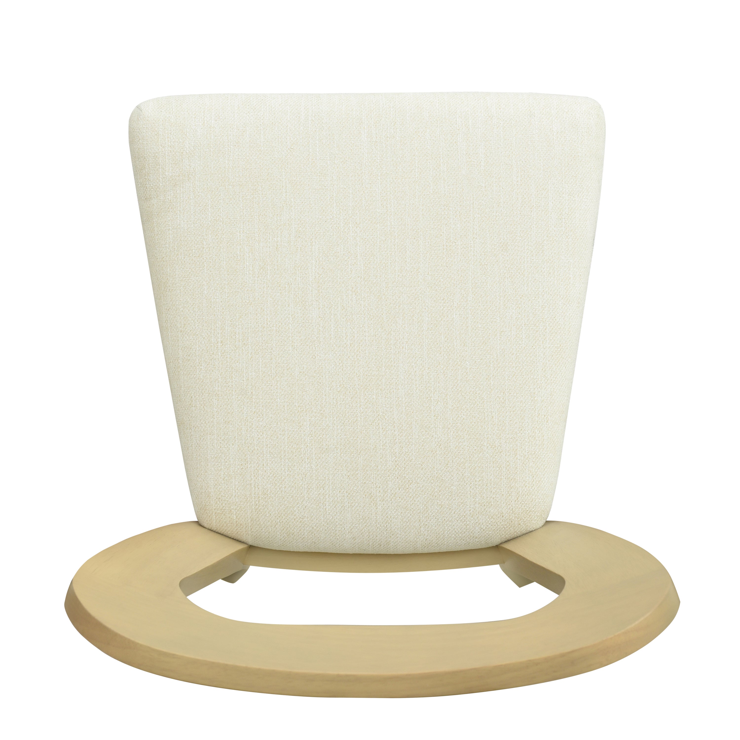 Close-up of the beige upholstered seat and light ash wood frame of a contemporary dining chair, showing assembly detail.