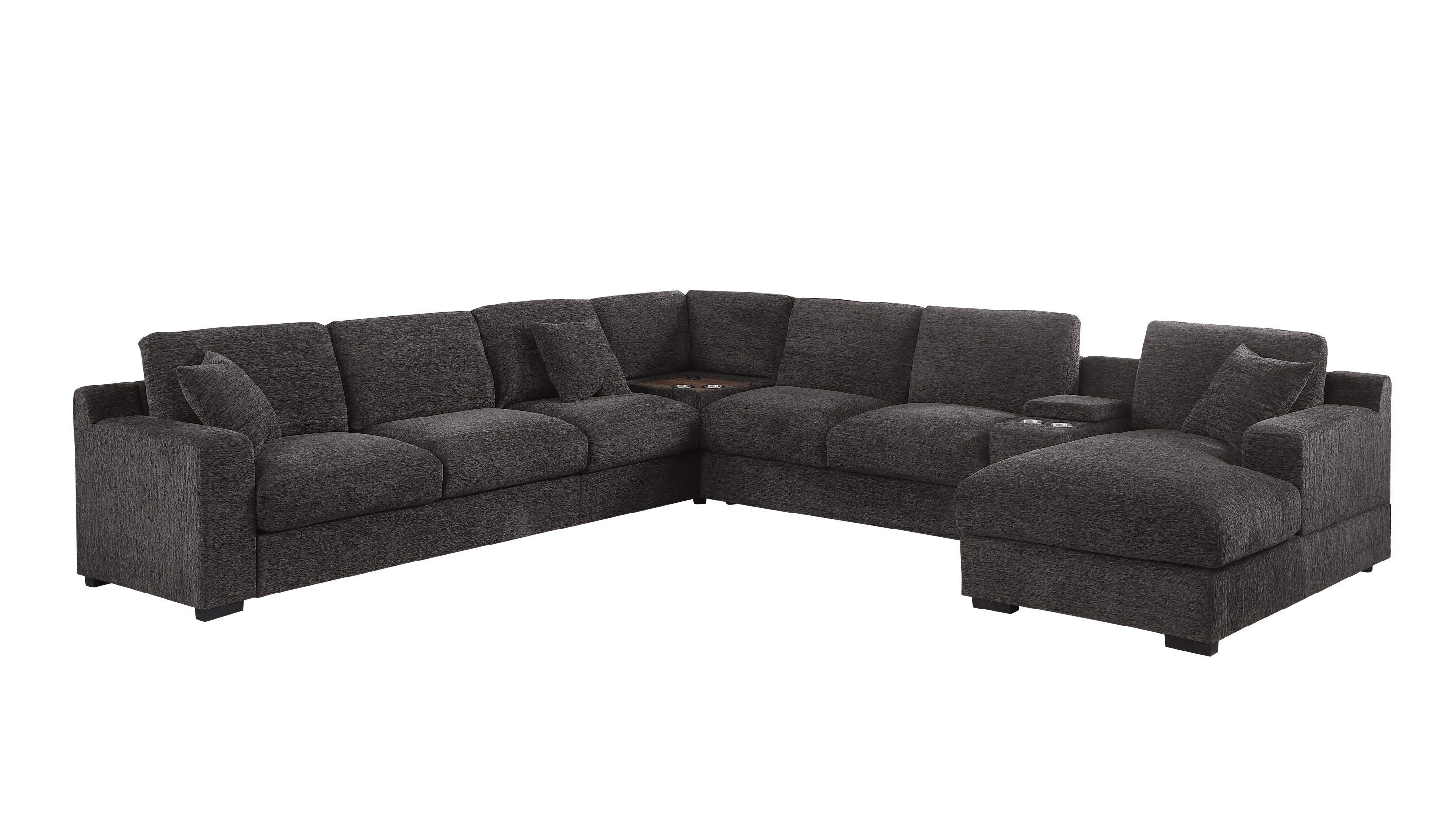 Gray chenille sectional sofa with right-facing chaise, cupholders, and charging ports, displayed in a clean studio setting.