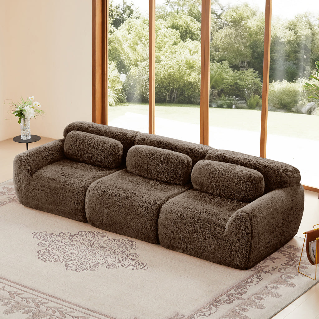 114'' modular sofa - chocolate in plush fabric with three-seat configuration, no assembly required, ideal for modern living rooms.
