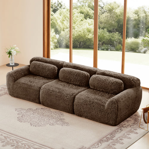 114'' modular sofa - chocolate in plush fabric with three-seat configuration, no assembly required, ideal for modern living rooms.