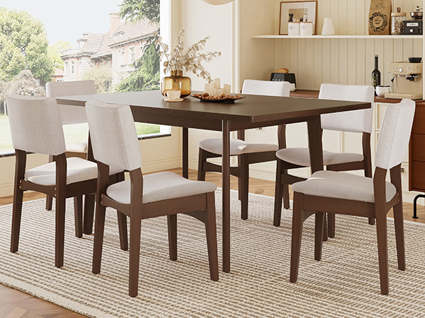 Modern Dining Set with walnut finish table and six upholstered chairs in a bright dining room, perfect for family meals and gatherings.
