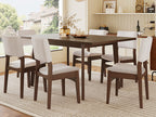 Modern Dining Set with walnut finish table and six upholstered chairs in a bright dining room, perfect for family meals and gatherings.