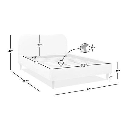 Dimension diagram of Curved Upholstered Platform Bed Queen, Ebony Black Boucle with measurements for height, width, and depth.