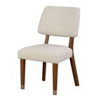 Mid-Century Modern 2pc Side Chair with walnut frame, beige cushioned seat and back, and gold-capped legs, ideal for modern dining spaces.