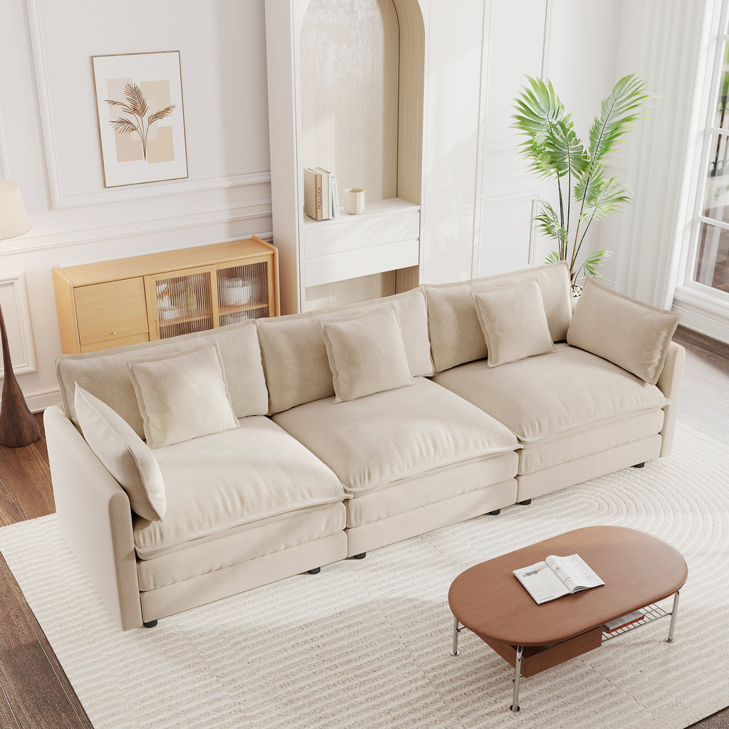 Light Coffee Chenille 3-Seater Sofa with Toss Pillows