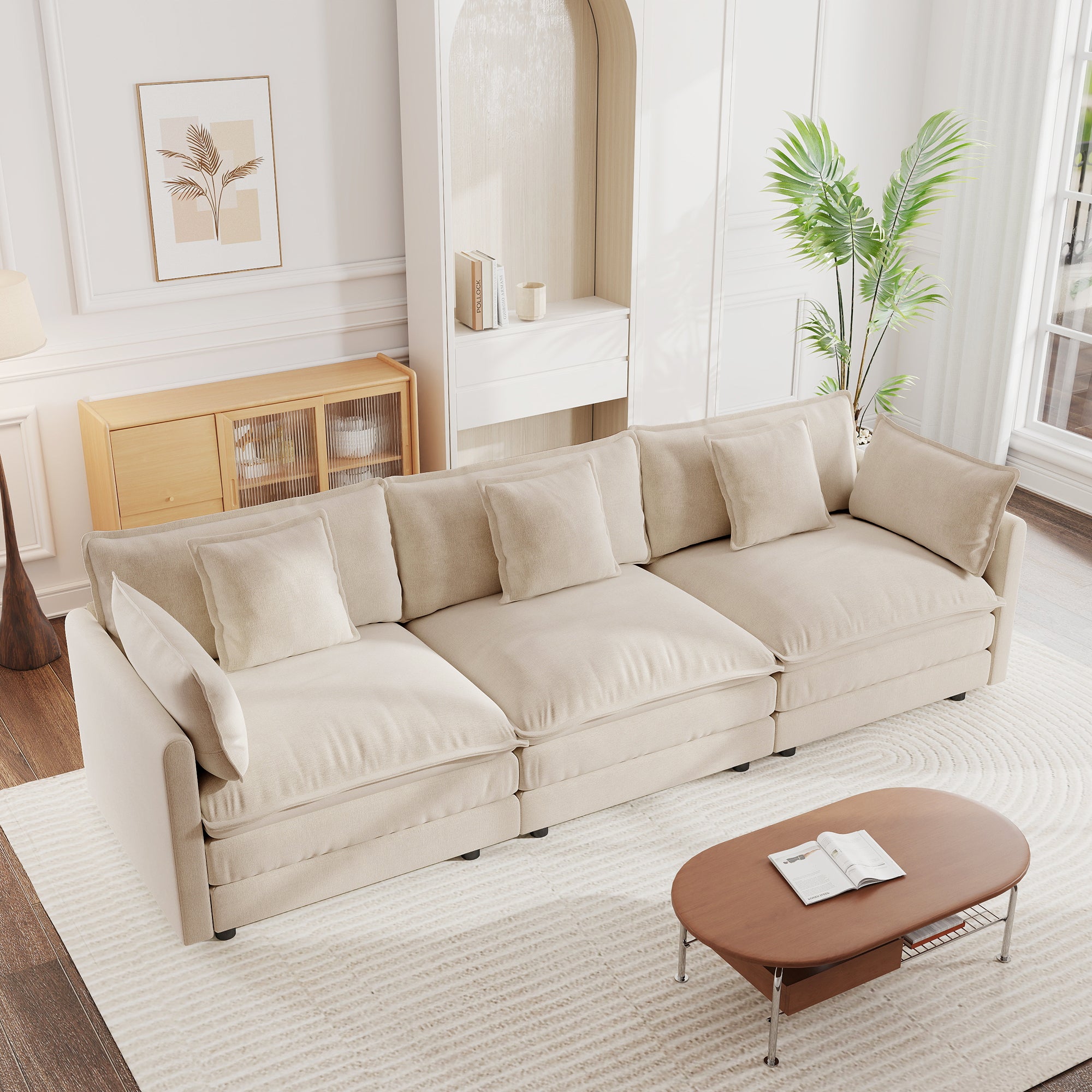 Light Coffee Chenille 3-Seater Sofa with Toss Pillows