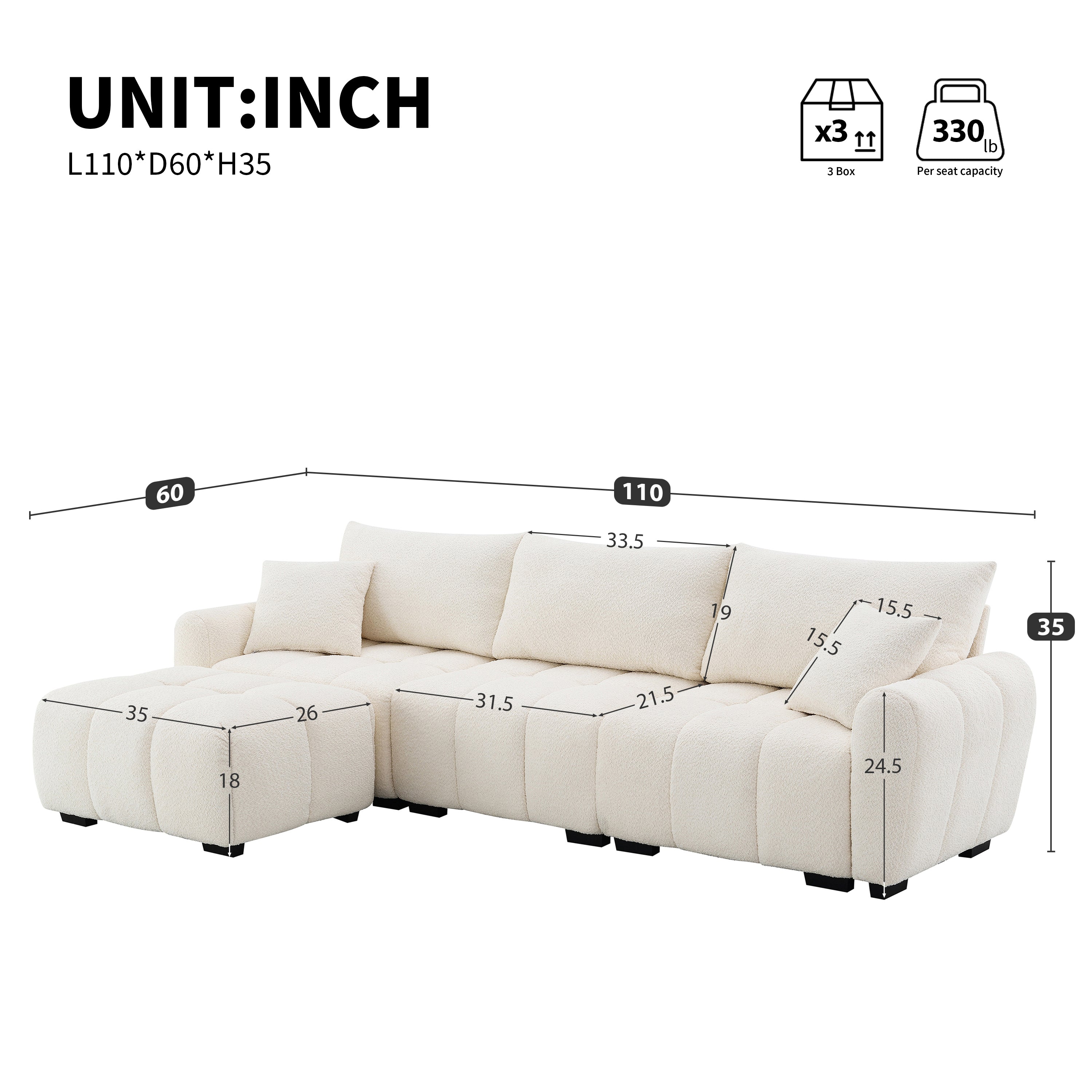 Dimensions of modular sectional sofa with movable ottoman shown in inches, highlighting flexible seating and durable boucle fabric.