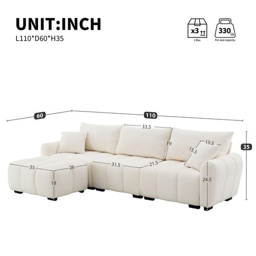 Modular Sectional Sofa with Movable Ottoman & Boucle Fabric.