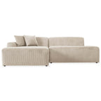 Cream-colored, left-facing corduroy sectional sofa with a modern, low-profile silhouette and two matching throw pillows.