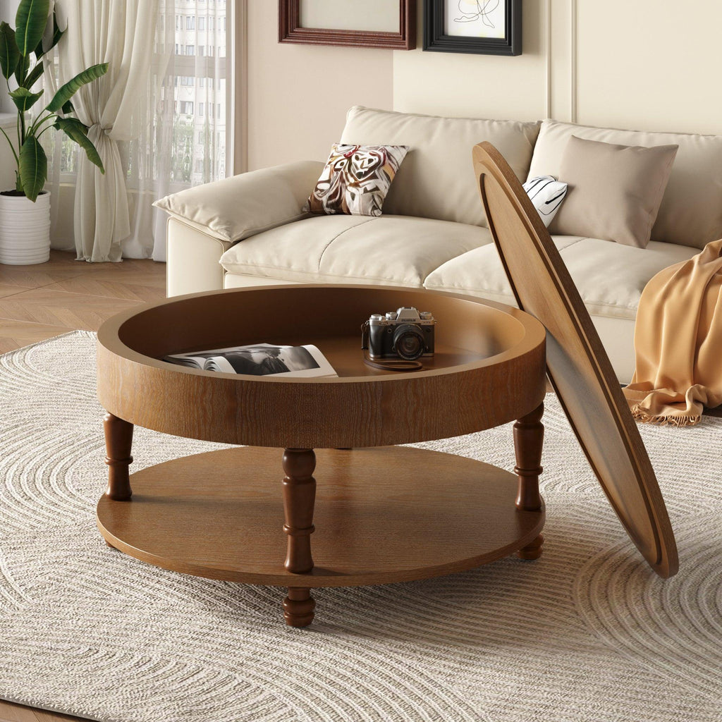 Coffee Table with Dual Storage for Living Room, 31.5' Modern Round Coffee Table with Storage and Hidden Compartment, Adjustable Leveling Feet, Easy Assembly (Walnut).