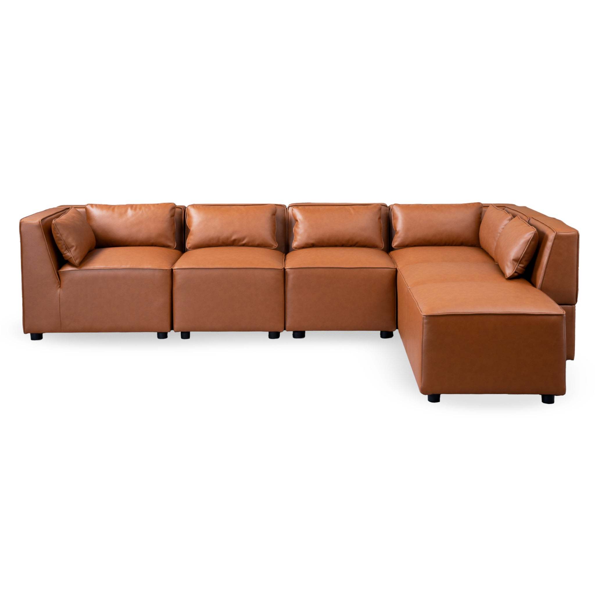 Mid-century modular sectional sofa in cognac vegan leather with clean lines and a spacious L-shaped chaise design.