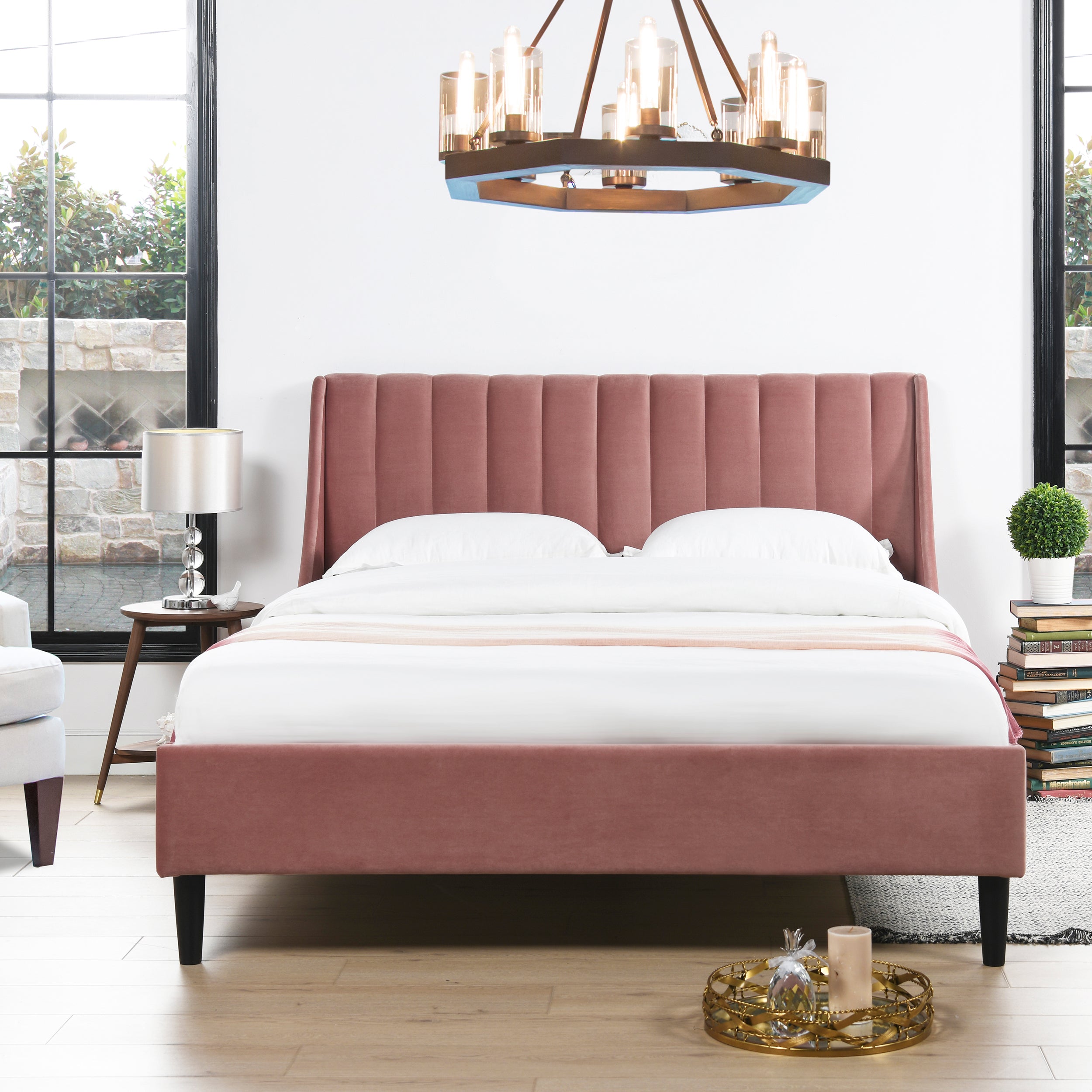 Aspen Pink Velvet Queen Headboard Bed with vertical tufting and black legs in a modern bedroom setting. Elegant platform bed frame for stylish decor.