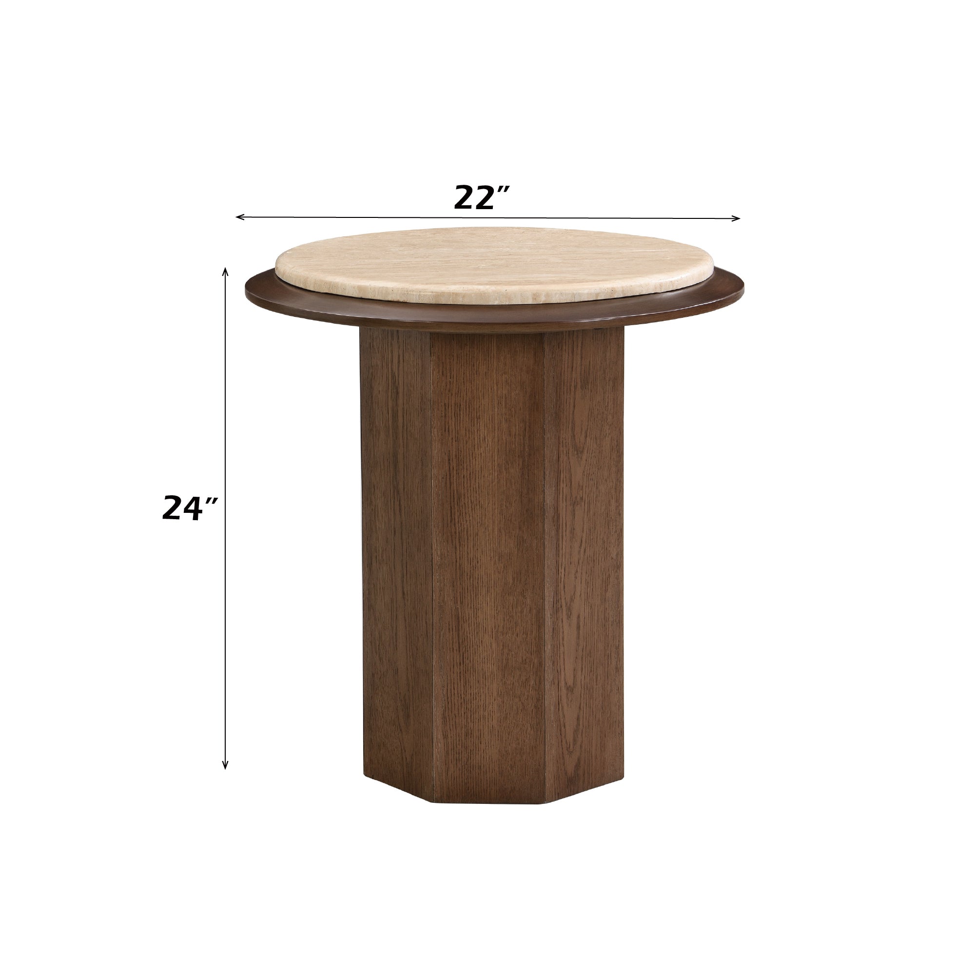 Walnut Travertine End Table - Kasha with 22-inch round top and 24-inch height, ideal for modern interiors and compact spaces.