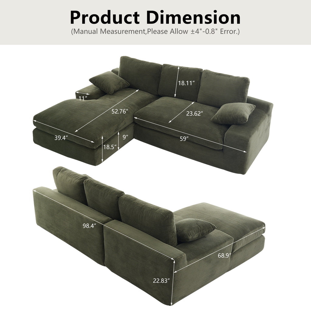 Dimension chart of green corduroy sofa with labeled measurements. Compact L-shape design with foam filler and soft cushions.