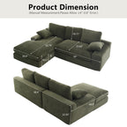 Dimension chart of green corduroy sofa with labeled measurements. Compact L-shape design with foam filler and soft cushions.
