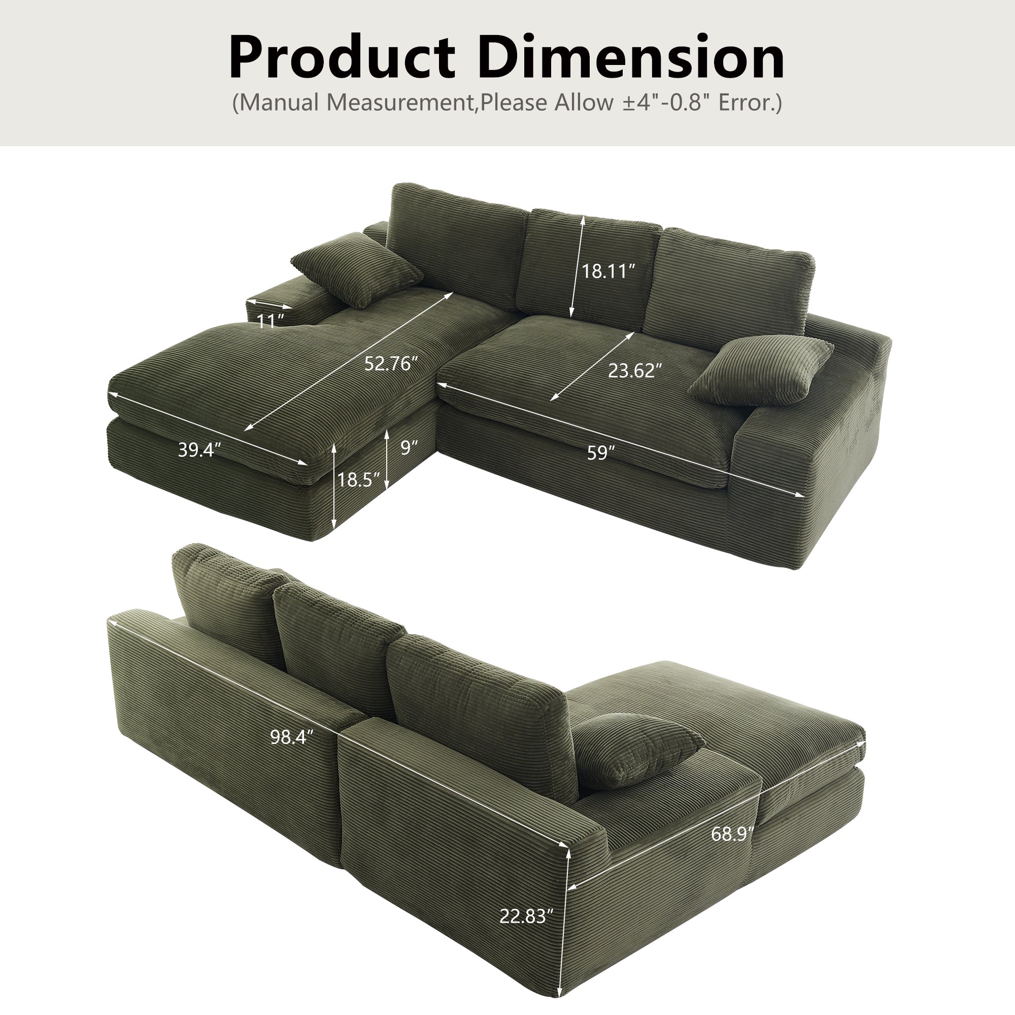 Dimension chart of green corduroy sofa with labeled measurements. Compact L-shape design with foam filler and soft cushions.