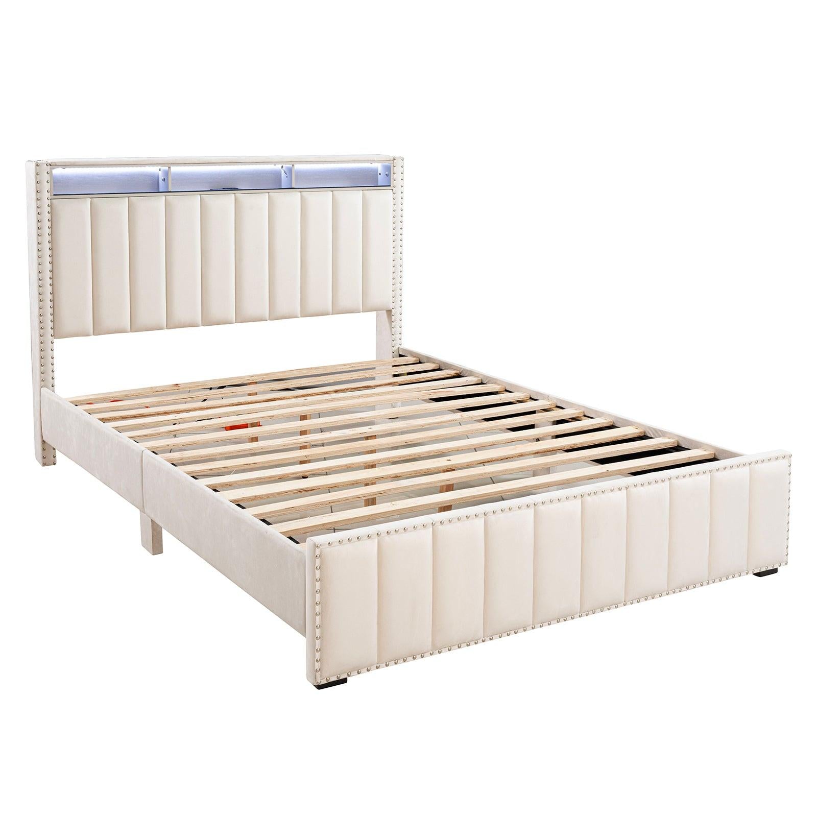 Queen Size Bed Set with Nightstands - Contemporary Beige Furniture.
