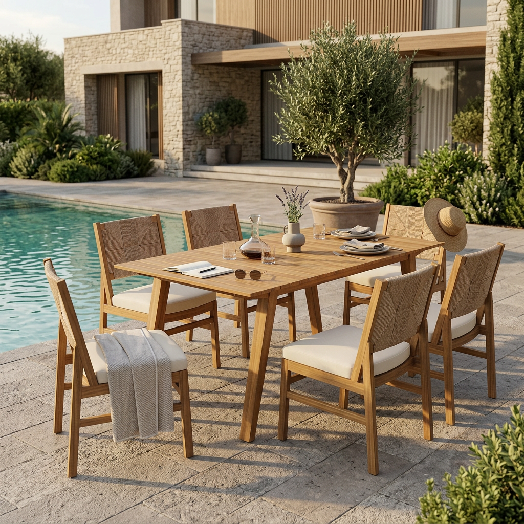 7-Piece Acacia Wood Outdoor Dining Set with Cream Cushions