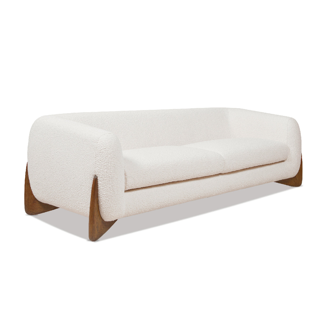 Angled view of Alpine Sherpa Sofa Ivory White showing full-length design, boucle texture, and oak wood base for stylish comfort.