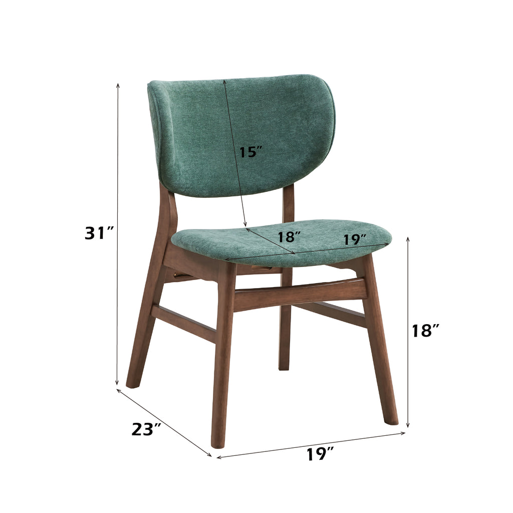 Dimensions of green upholstered dining chair with walnut frame, showing size and ergonomic design from the walnut dining set.