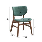 Dimensions of green upholstered dining chair with walnut frame, showing size and ergonomic design from the walnut dining set.