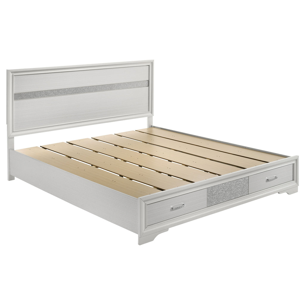 Modern white California king bed frame in wood with grey metallic trim accents and integrated storage drawers.