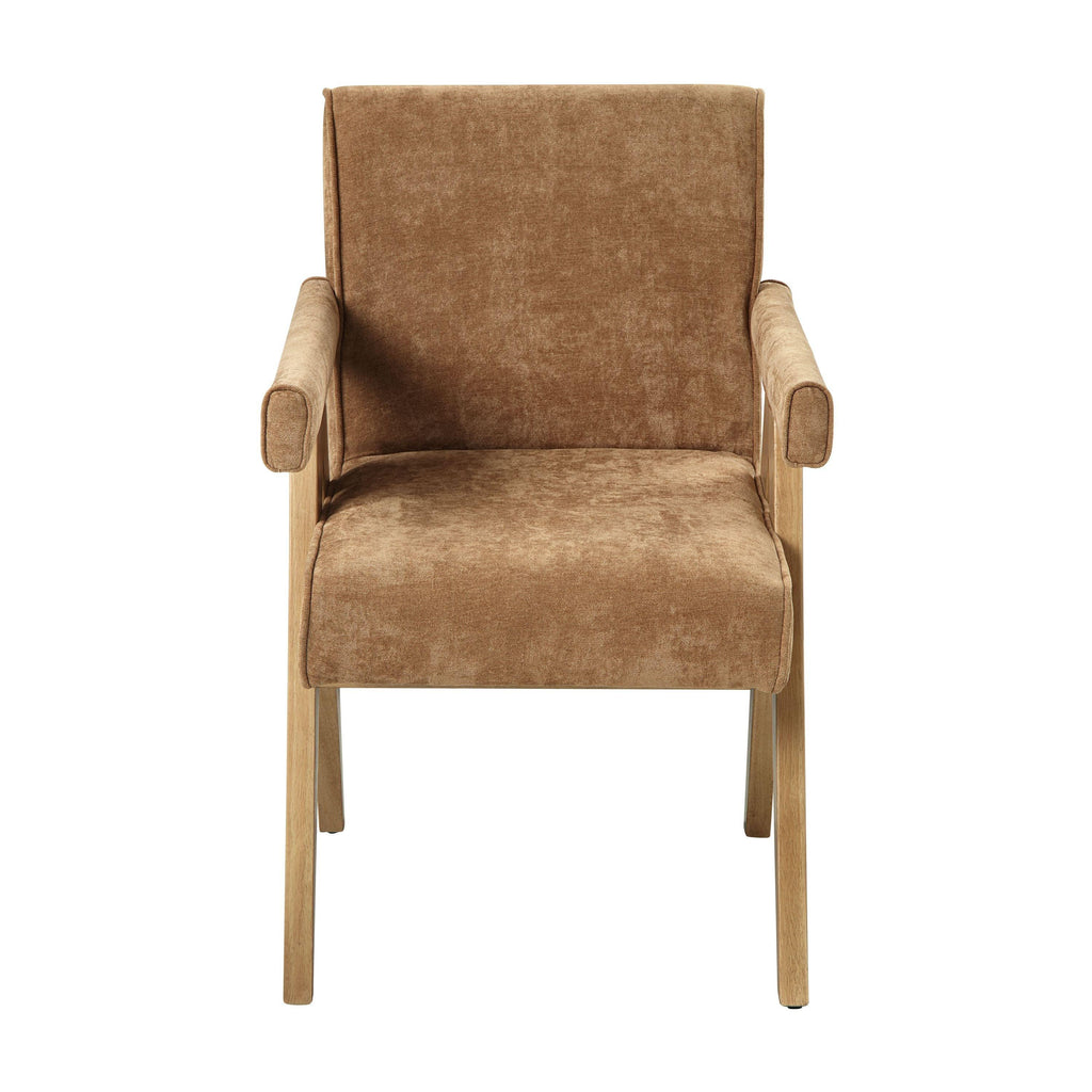 Chocolate Chenille Arm Chairs with Oak.