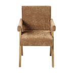 Front view of chocolate chenille upholstered dining chair with padded arms and light oak legs from 8-piece light oak dining set.