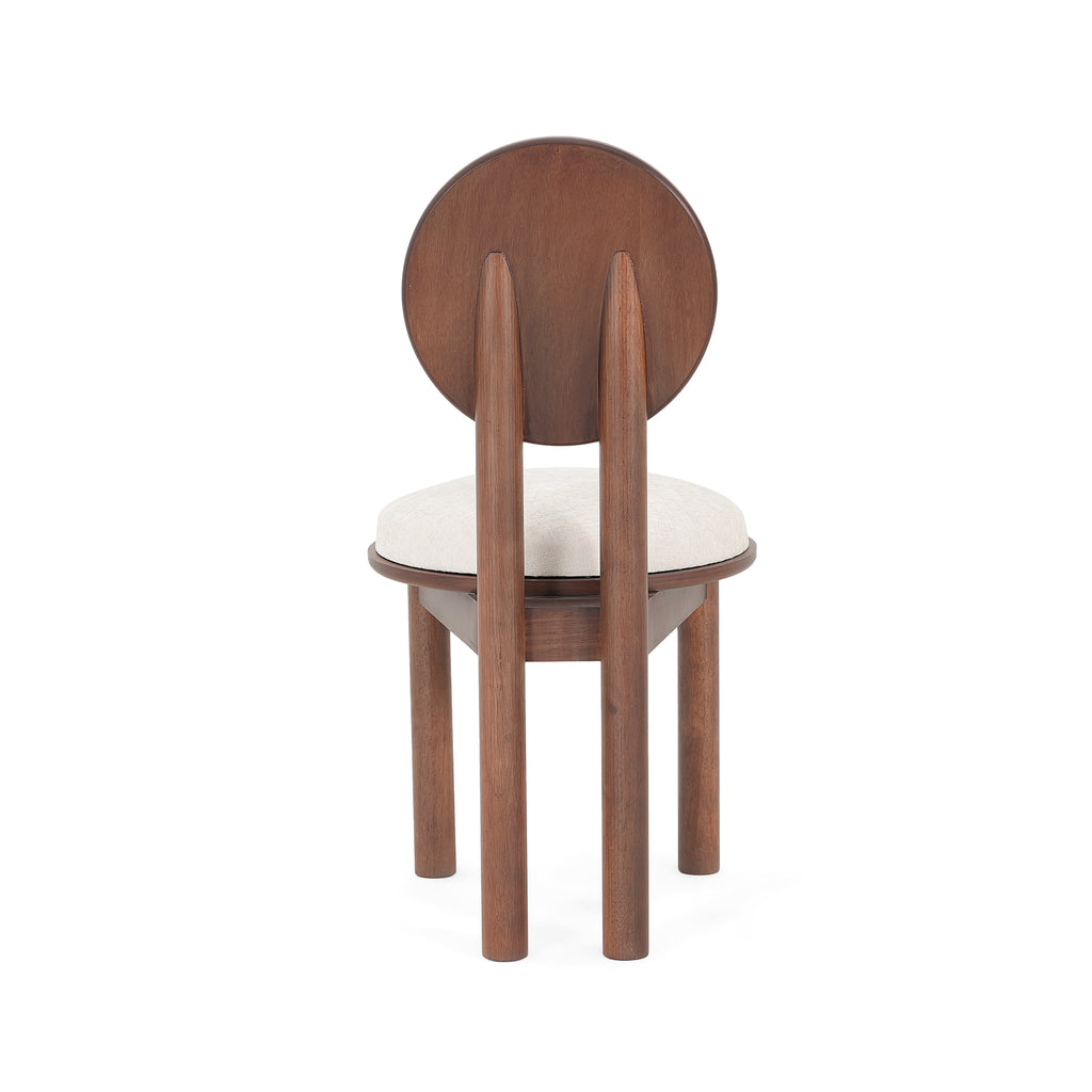 Rear view of beige dining chair with wooden frame. Highlights dual vertical back supports and smooth wood finish.