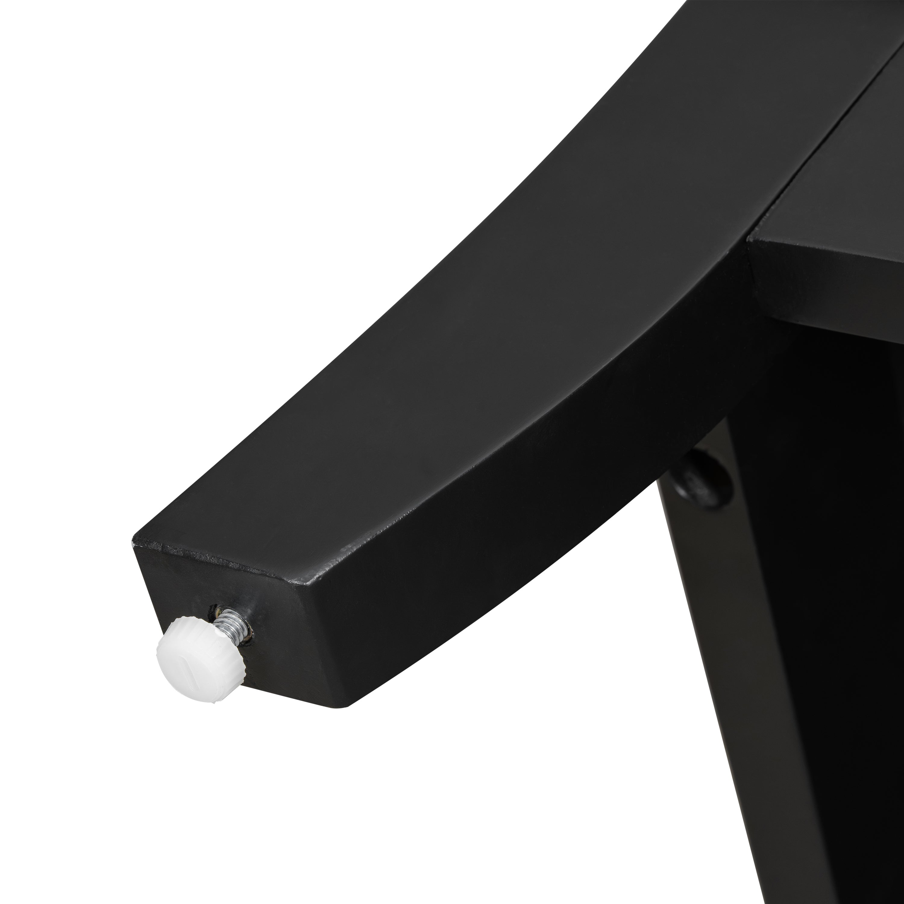 Detail of adjustable leg on black storage cabinet, ensuring stability on uneven floors in modern living spaces.