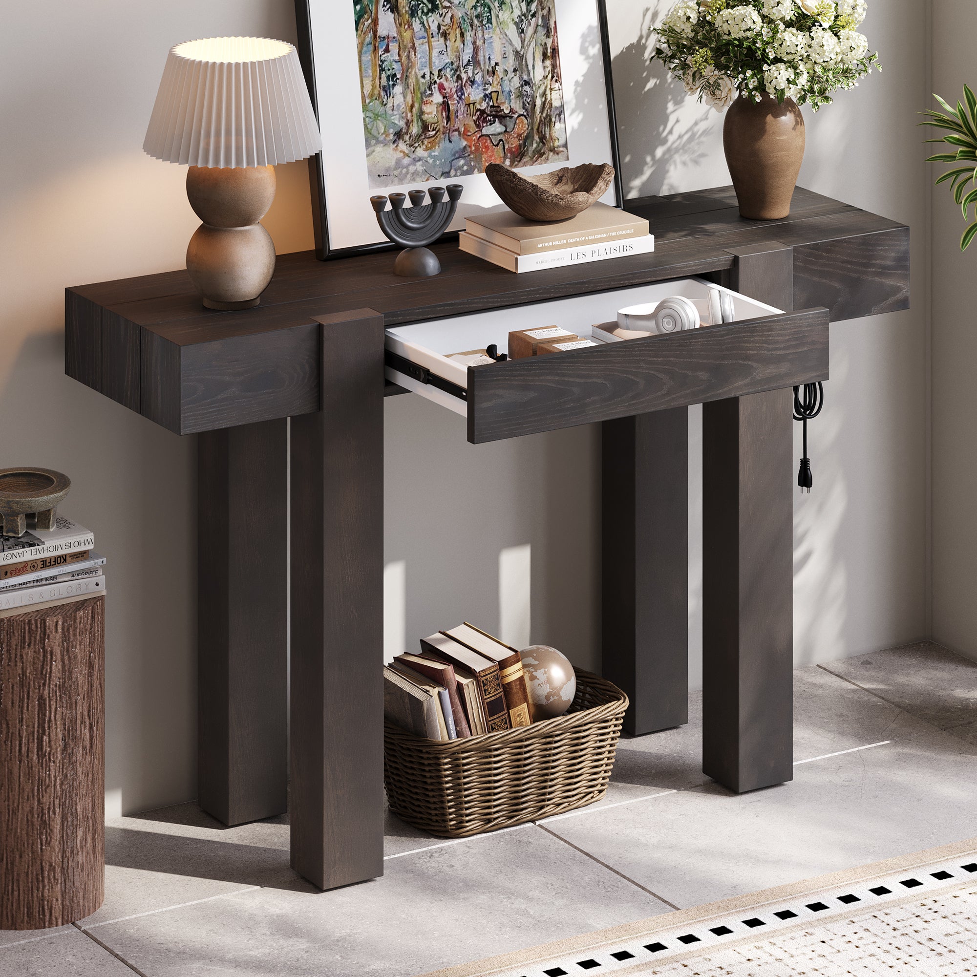 Rustic console table with power outlet and hidden drawer in a modern entryway setup. Solid wood build with minimalist design and decorative accents.