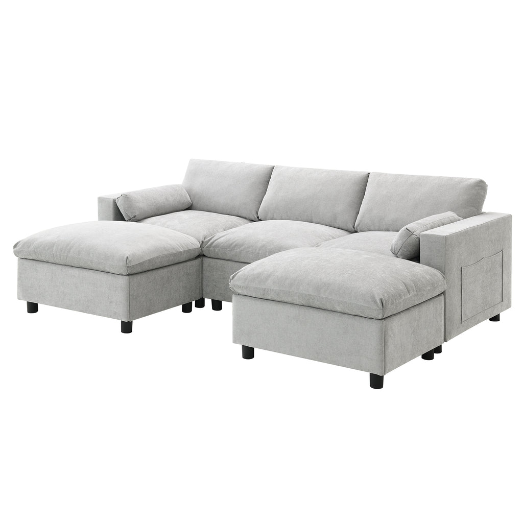 Angled view of Chenille Modular Sofa - U-Shaped Couch with Storage highlighting side storage pocket and soft chenille texture.