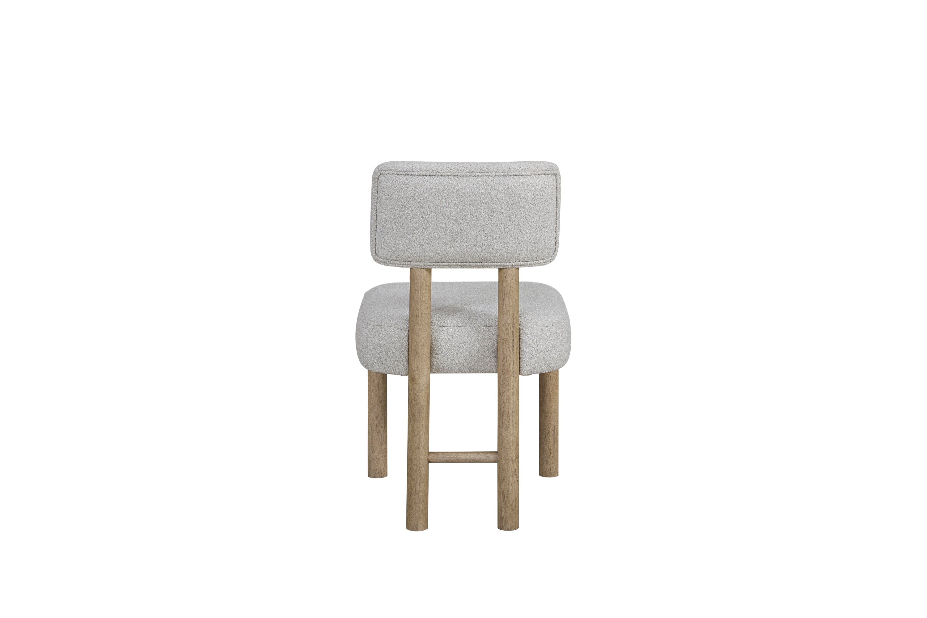 Back view of upholstered dining chair with light gray fabric and oak frame, highlighting clean stitching and durable build.