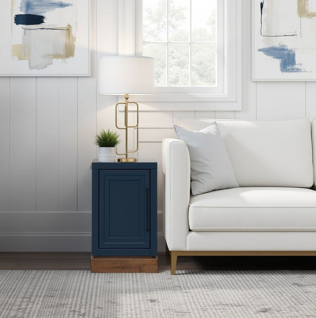 Nora Chairside Table Blue Finish | No Assembly, Wood placed beside white sofa in modern living room with shiplap walls and abstract art.