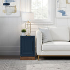 Nora Chairside Table Blue Finish | No Assembly, Wood placed beside white sofa in modern living room with shiplap walls and abstract art.