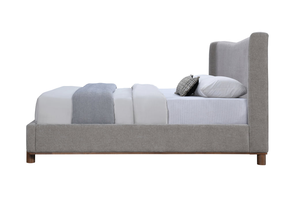 Side view of Melbourne Queen Bed in Gray Chenille. Upholstered queen bed frame with low-profile design and wooden legs.