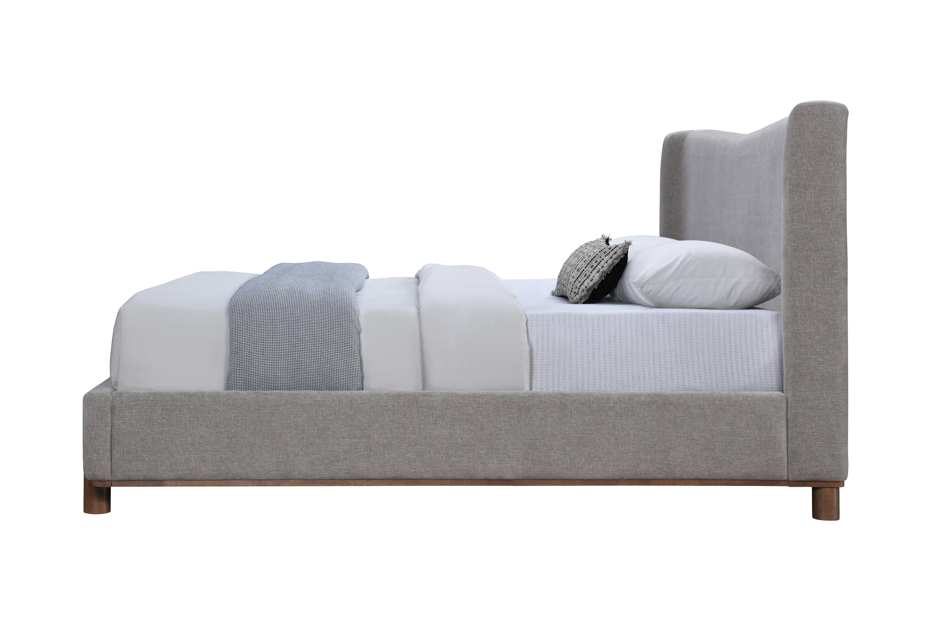 Side view of Melbourne Queen Bed in Gray Chenille. Upholstered queen bed frame with low-profile design and wooden legs.