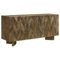 Brown wooden 3-door sideboard featuring a textured chevron pattern and a warm, natural wood finish on block feet.