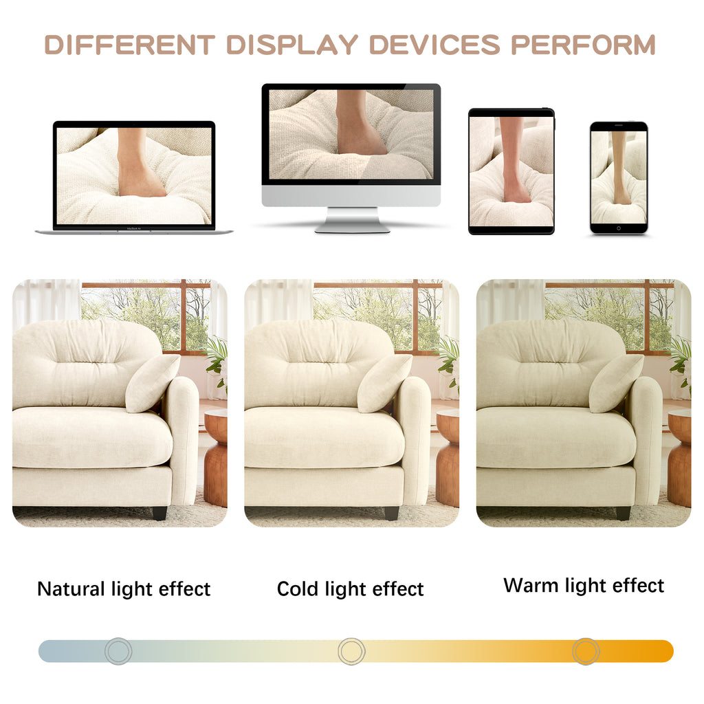 Display comparison of chenille modular sofa under natural, cold, and warm lighting, showing fabric color variations across devices.