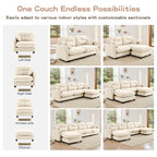 Customizable modular L-shaped sectional sofa with ottoman in chenille fabric, shown in multiple configurations for flexible layouts.