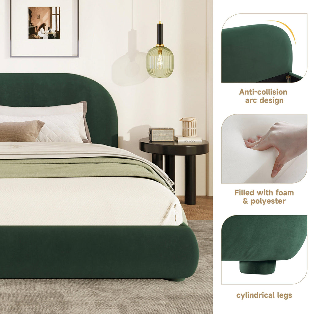 King Size Dark Green Velvet Bed with Curved Headboard.