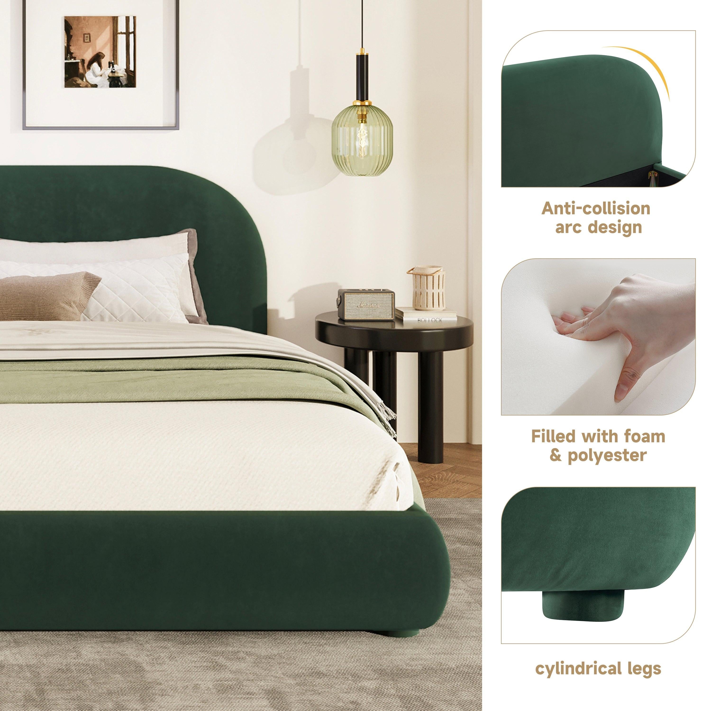 King Size Dark Green Velvet Bed with Curved Headboard.