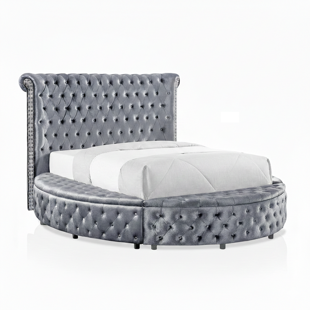 Gray Velvet Round Storage Bed with USB Ports and Features.