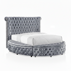 Gray Velvet Round Storage Bed with USB Ports and Features.