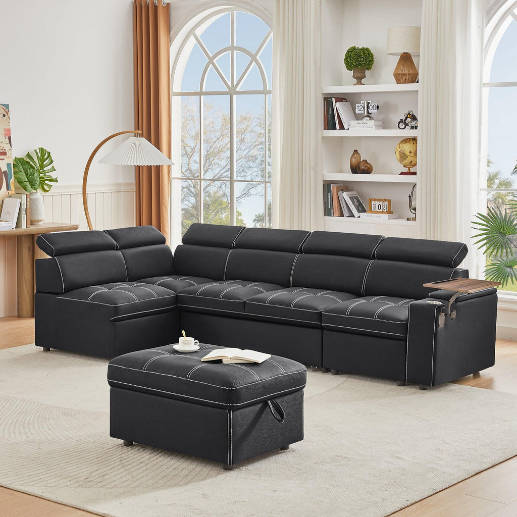 Black Sectional Sofa with Storage Ottoman for Comfortable Living.