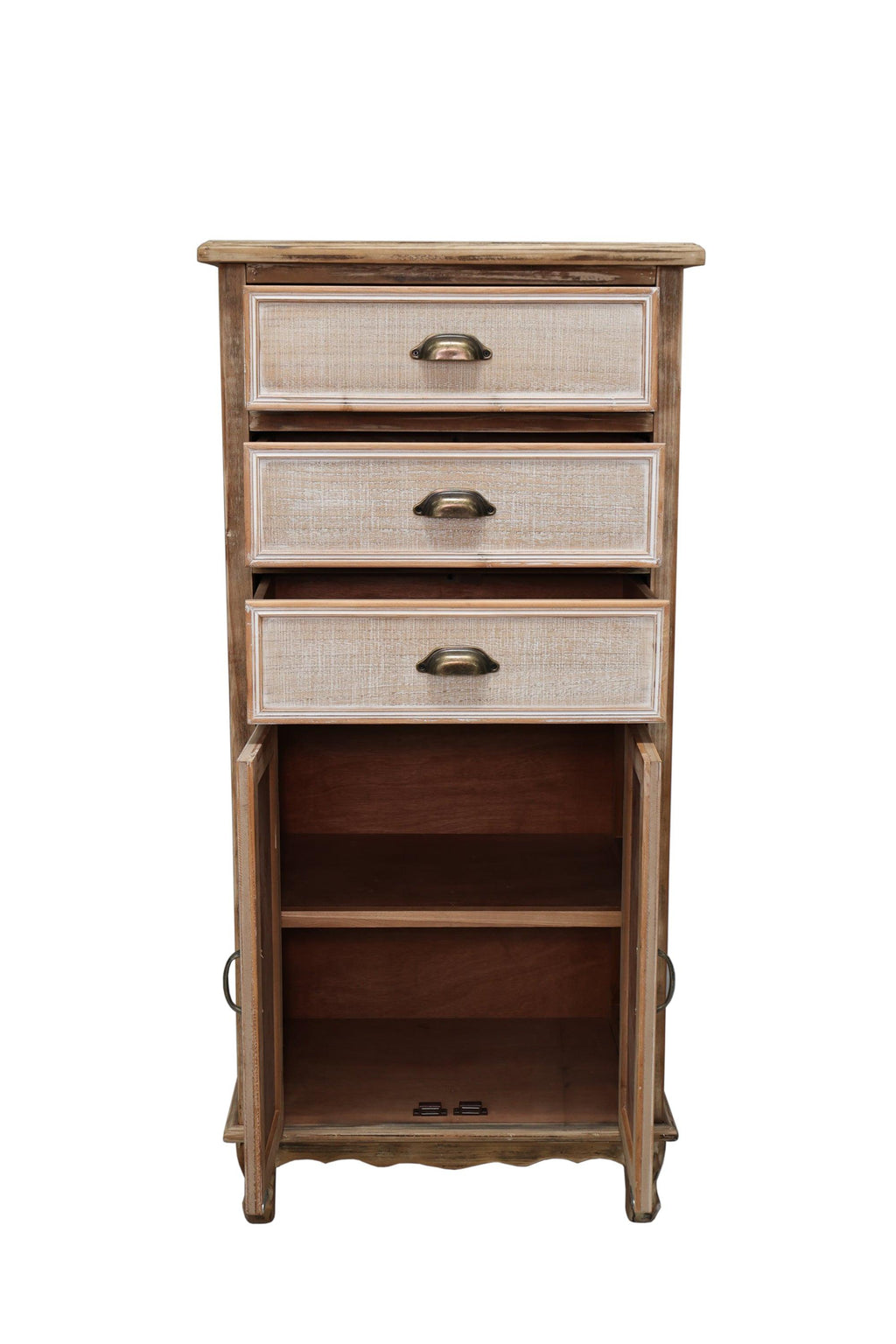 Rustic Wooden Storage Cabinet with Cutout Door & Drawers.