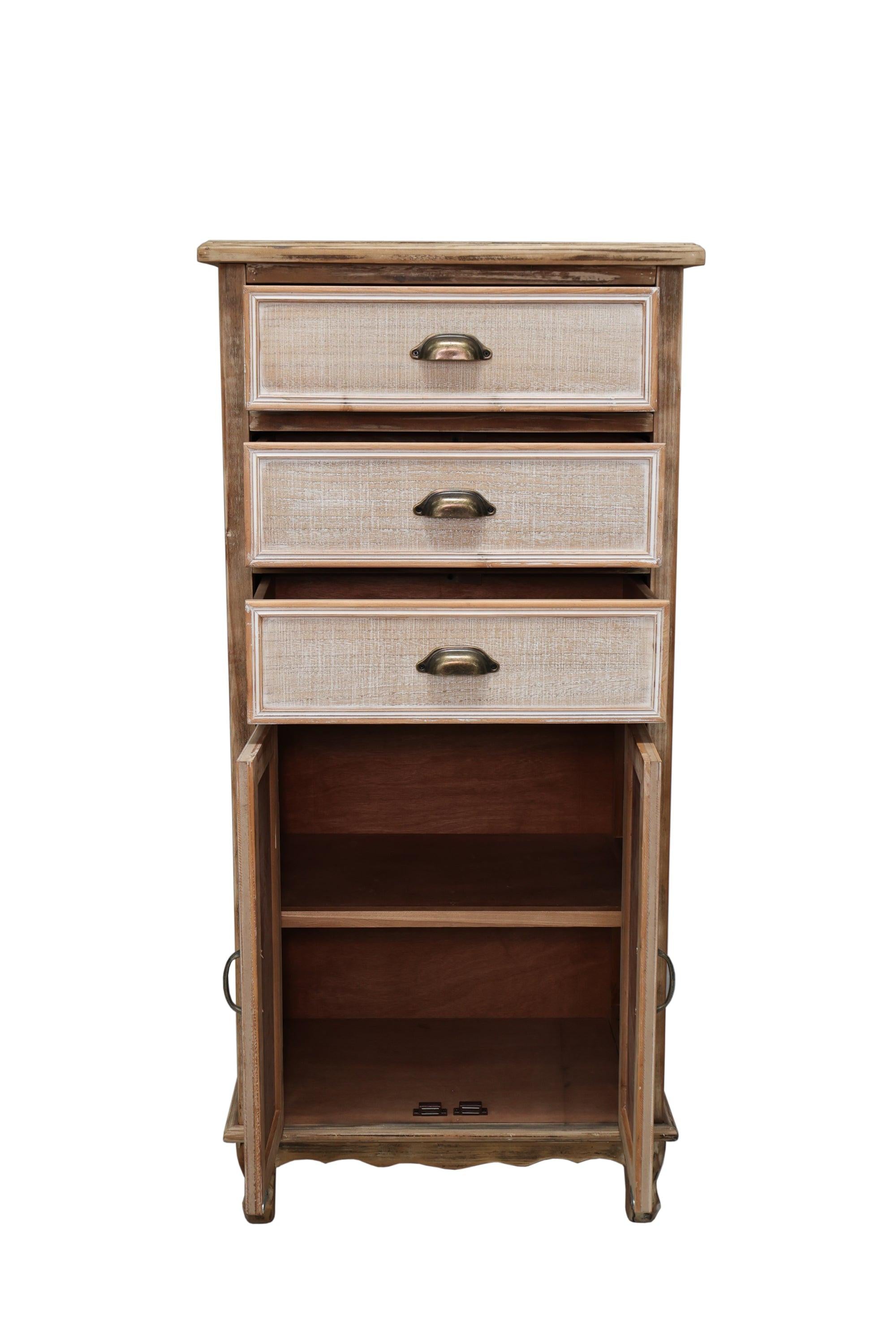 Rustic Wooden Storage Cabinet with Cutout Door & Drawers.