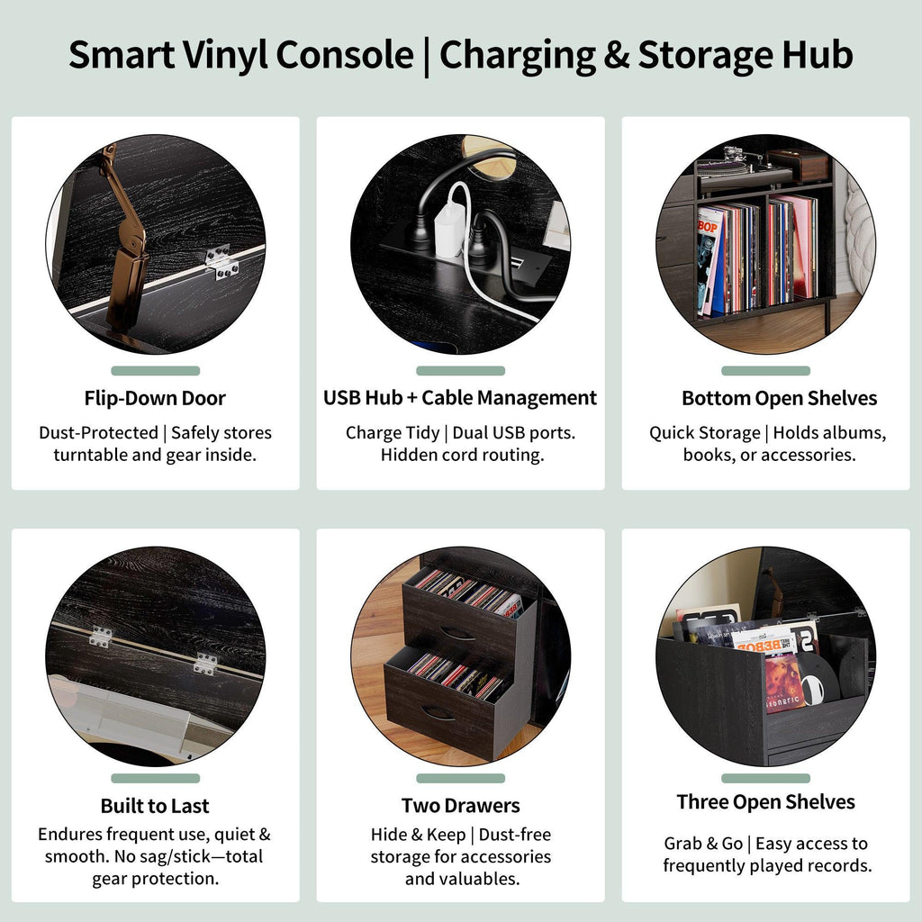 Eco-Friendly Record Player Stand - Black Vinyl Storage Cabinet.