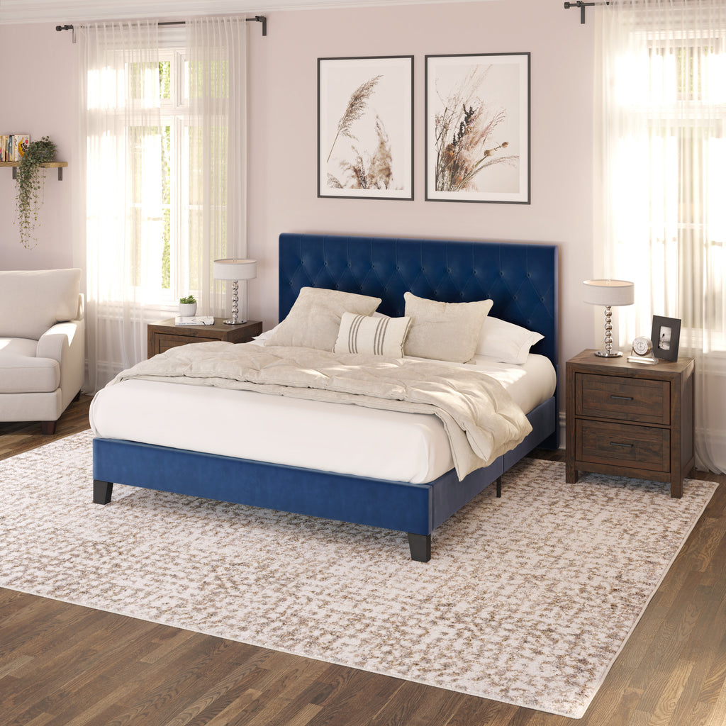 California King Blue Fabric Upholstered Transitional Platform Bed