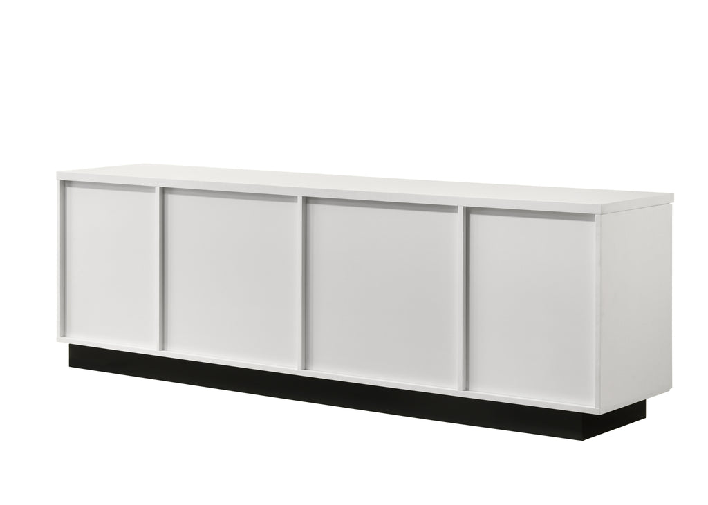 Rear view of 70.5' White TV Stand with Drawers showing clean, flat white panel design and black base, ideal for flush wall placement in living rooms.